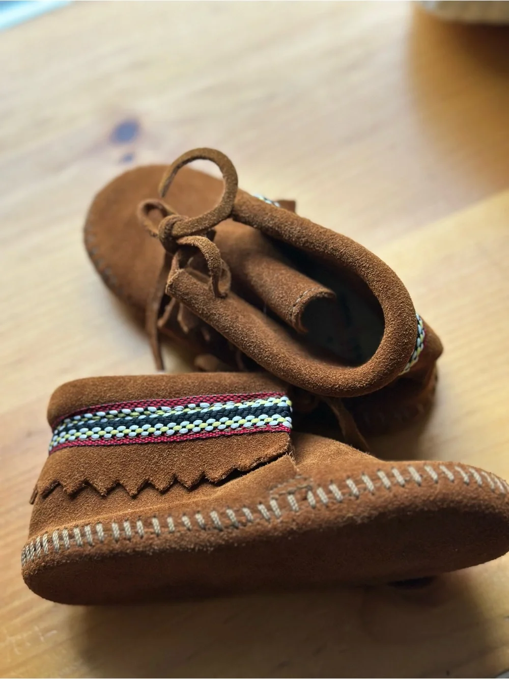 Minnetonka Brown Suede Kids Moccasins with Colorful Trim